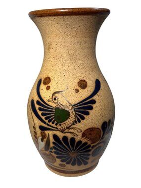 Tonala Mexican Pottery Vase Bird Floral Motif Earth Tone Mexican 8.25"